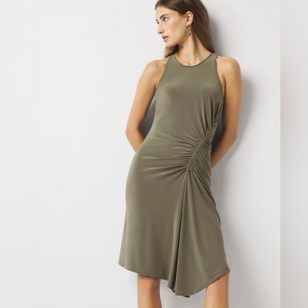 WHBM OLIVE ASYMMETRIC RUCHED DRESS